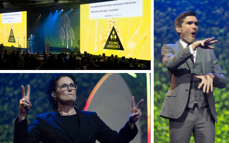 Photo 1 is a stage with two yellow screens either side, showing the Young Arrows logo and a white box containing subtitles. Photo 2 is a woman in a black suit speaking in sign language. She raises two fingers on both hands. Photo 3 is a man in a grey suit speaking in sign language. He spreads all of his fingers out and his mouth makes an oh shape.