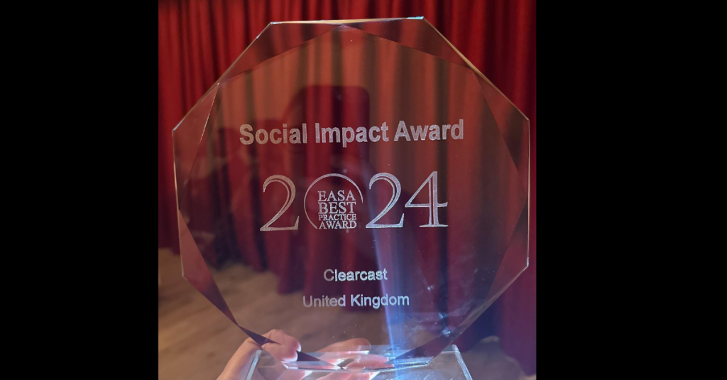 Clearcast's 2024 EASA Best Practice glass hexagon shaped, engraved award for Social Impact.